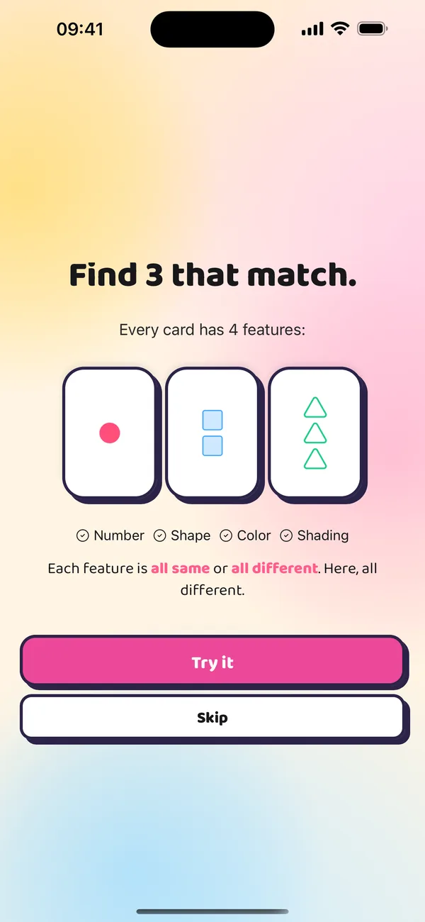 Pattern Rush tutorial: find 3 cards that match