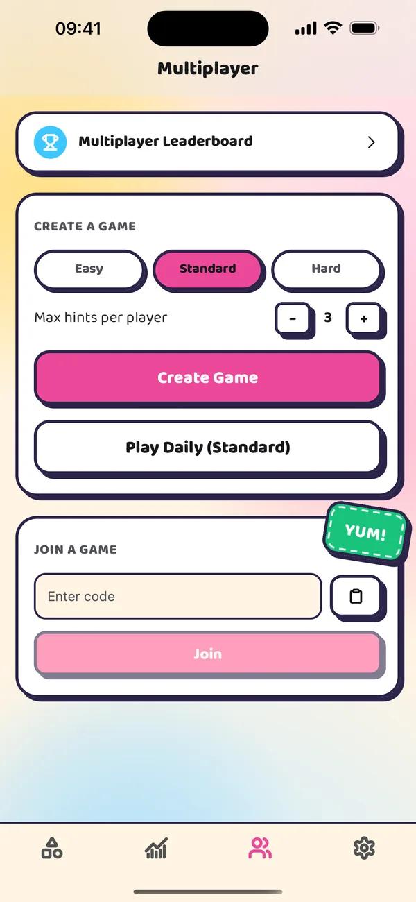 Pattern Rush multiplayer screen with create and join options