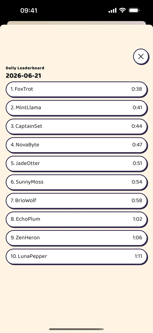 Pattern Rush daily leaderboard ranked by time